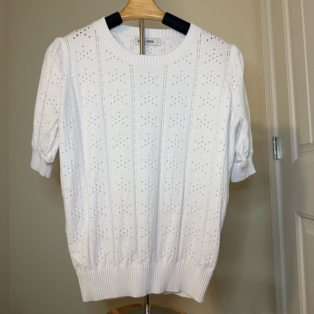 Grace Karin White Pointelle Knit Top | Short Sleeve Sweater | Size L